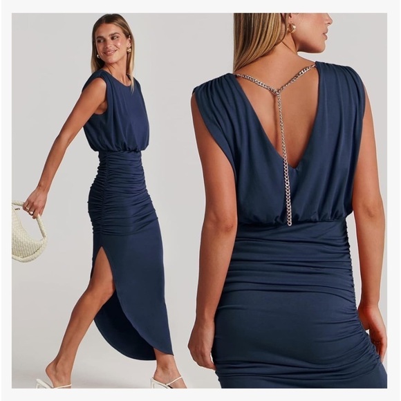 NWT Summer Sleeveless Ruch Bodycon HighWaist Asymmetric Slit Cocktail Maxi Dress - Picture 7 of 8